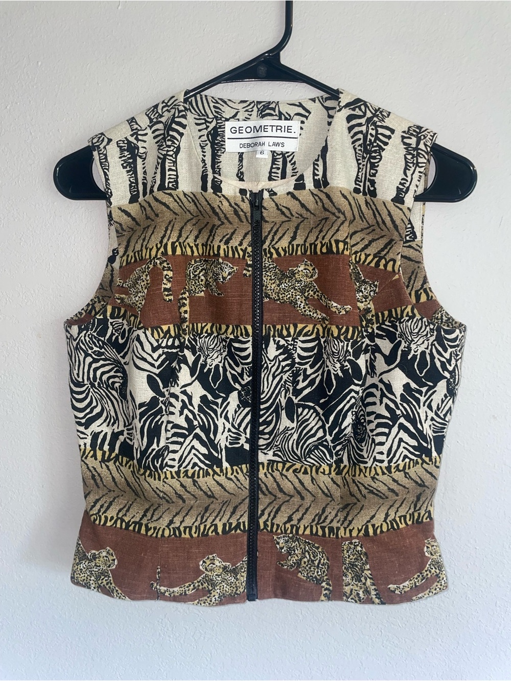 Vintage Safari Animal Print Zip Front Vest - Black, Brown, Cream